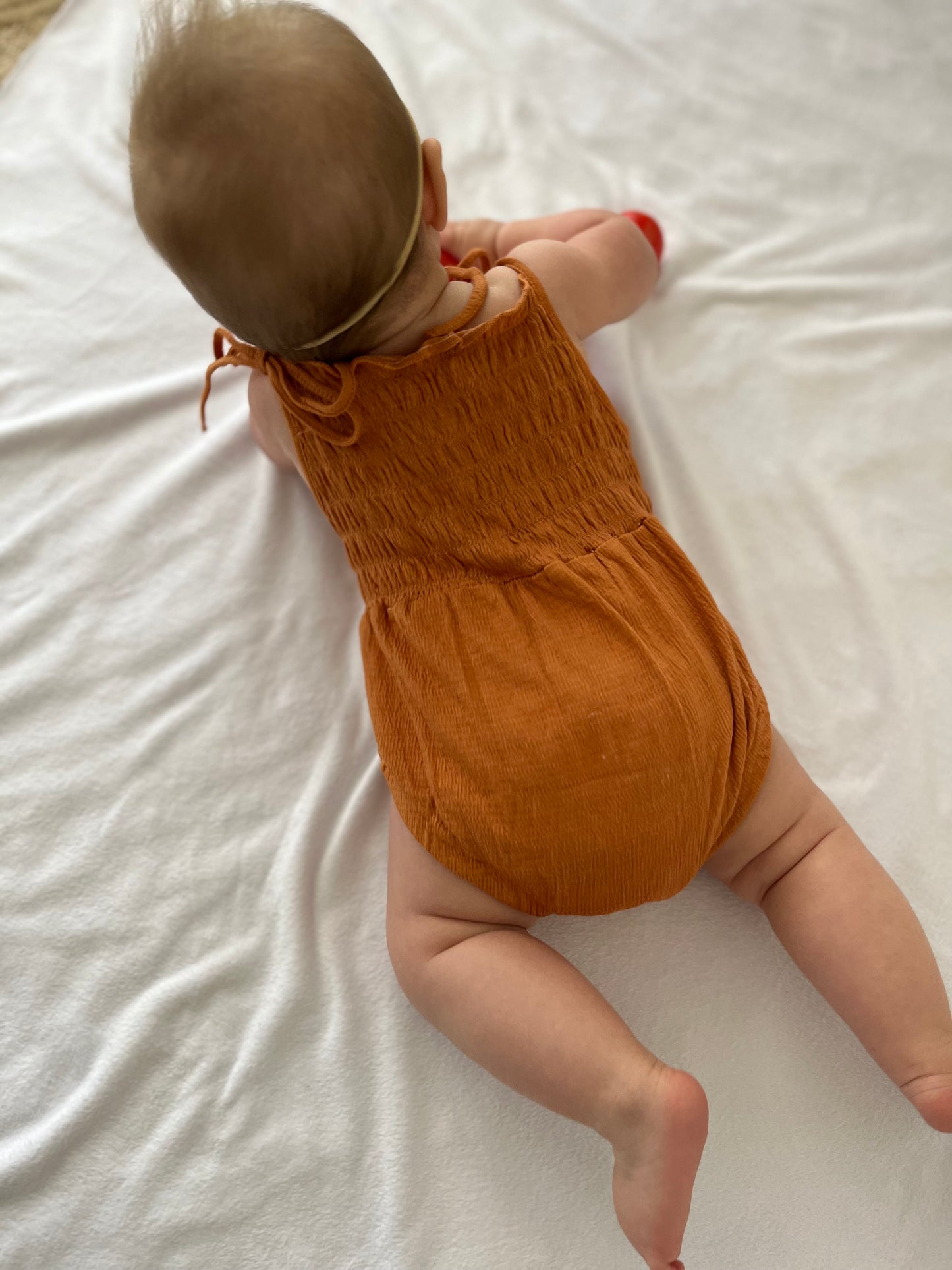 Baby Girl Rust Cotton Bubble Romper with Shoulder Ties and Snaps