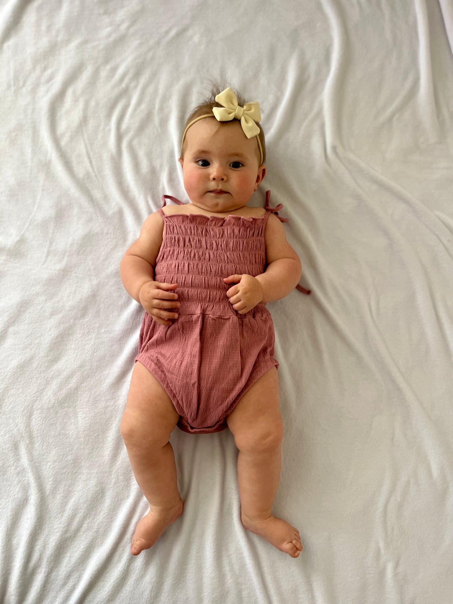 Baby Girl Mauve Cotton Bubble Romper with shoulder ties & snaps