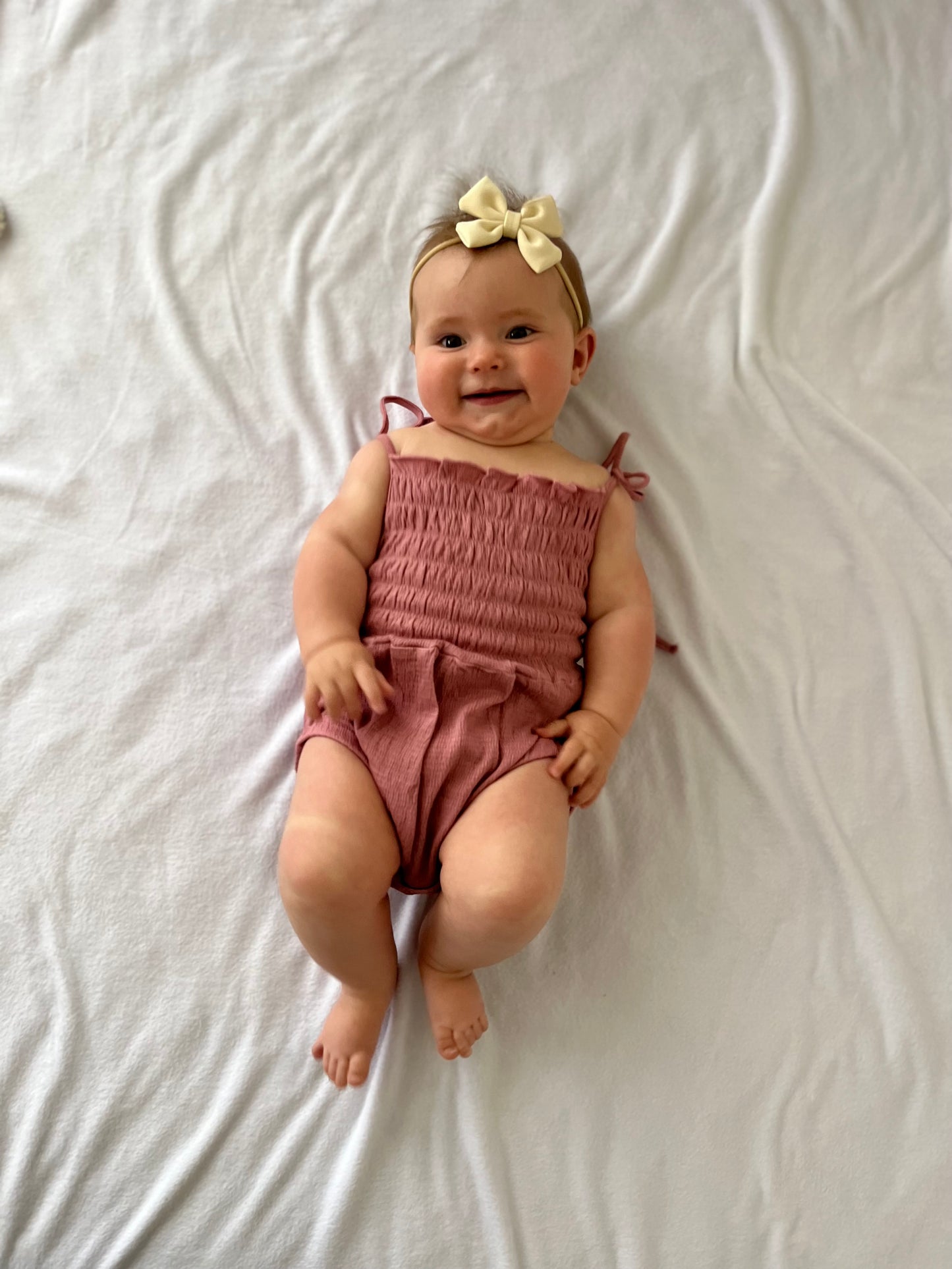 Baby Girl Mauve Cotton Bubble Romper with shoulder ties & snaps