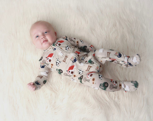 Baby Boy Bamboo Pasture Bedtime Pajamas with 2 way zipper and fold over hands