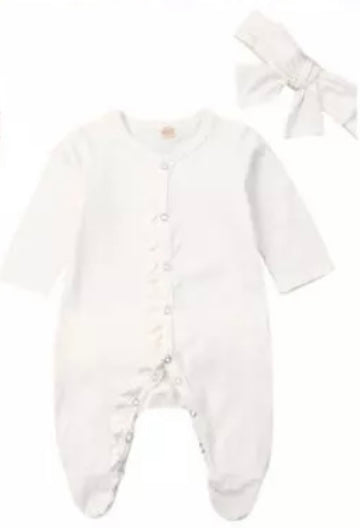 Baby Girl White Ruffle Sleeper with Matching Bow and Long Sleeves