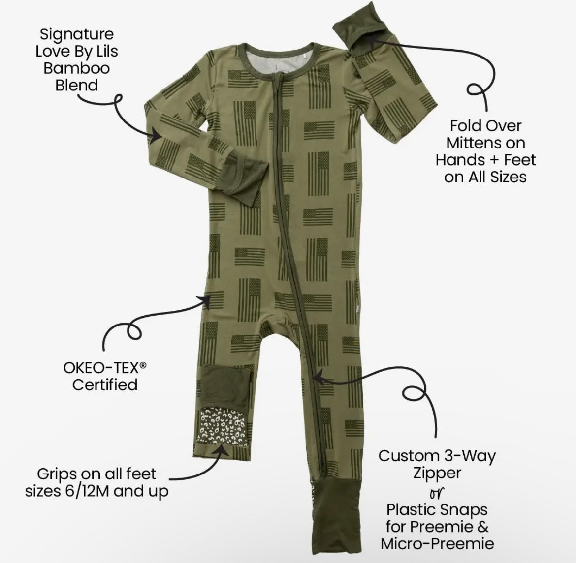 Baby Boy Army Green Flag Zipper Bamboo Romper
