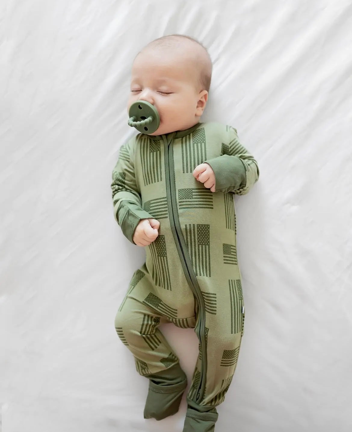 Baby Boy Army Green Flag Zipper Bamboo Romper