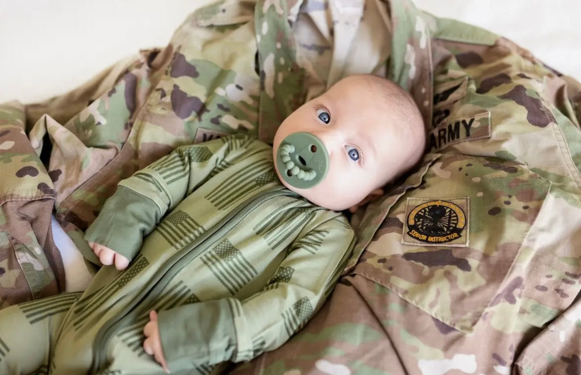 Baby Boy Army Green Flag Zipper Bamboo Romper