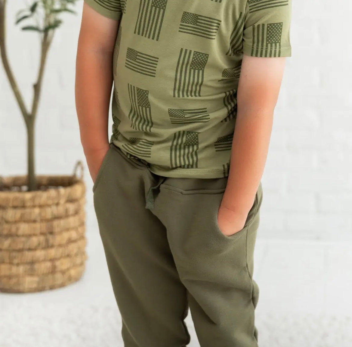 Boy Army Green Flag  Bamboo Tee & Jogger Set