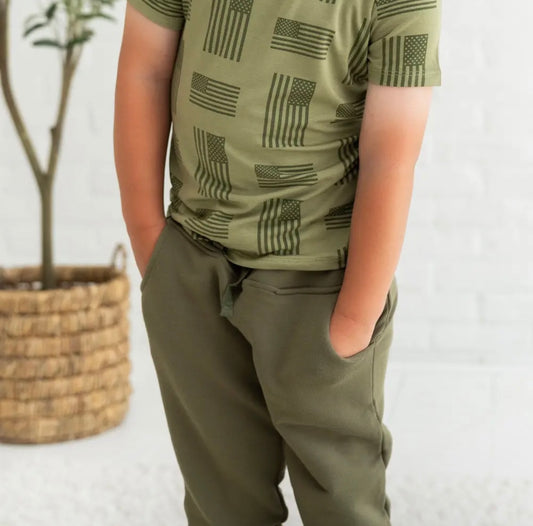 Boy Army Green Flag  Bamboo Tee & Jogger Set