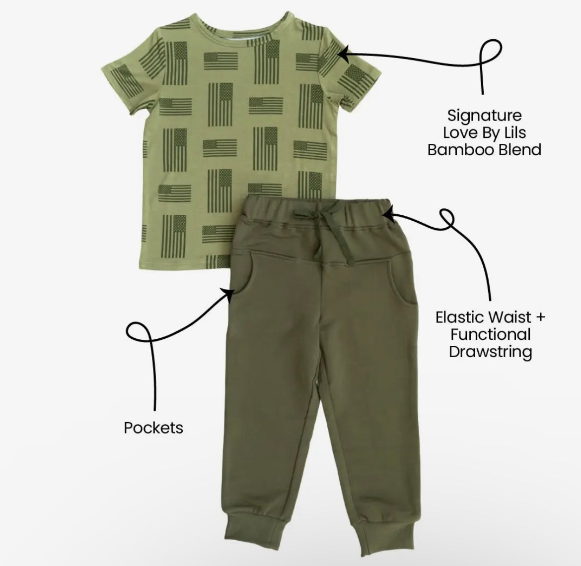 Boy Army Green Flag  Bamboo Tee & Jogger Set