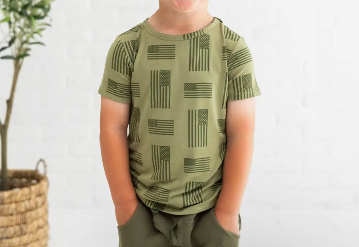Boy Army Green Flag  Bamboo Tee & Jogger Set