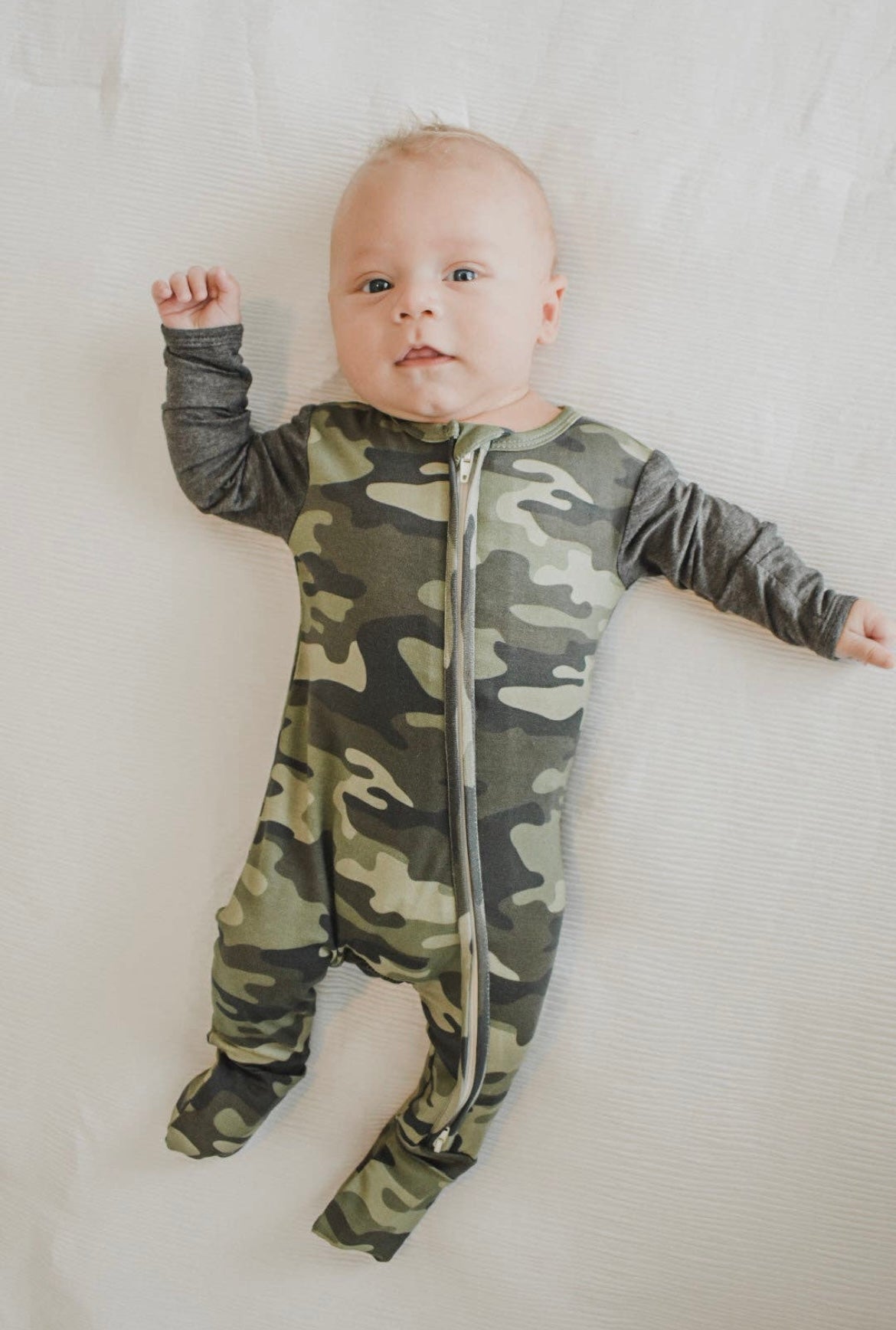 Baby Boy Camo 2-Way Zip Footie with Fold Over Cuffs on Hands & Feet