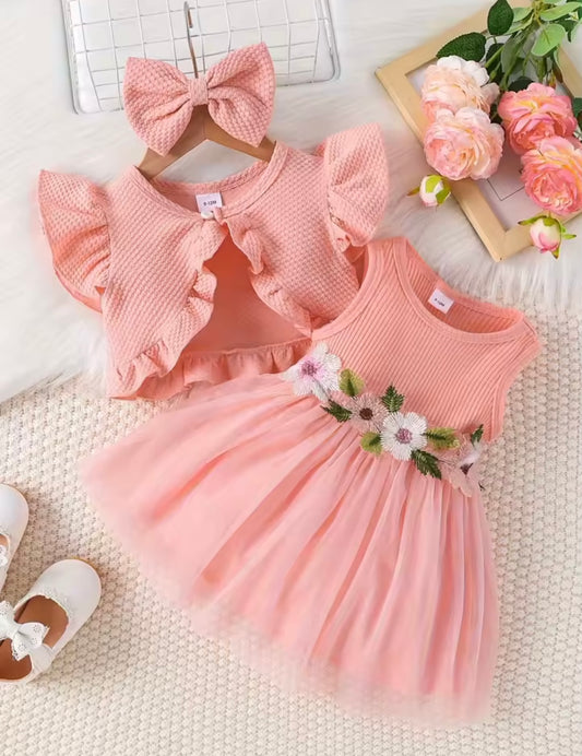 Baby Girl Pink Waist Flower Dress with Jacket & Bow