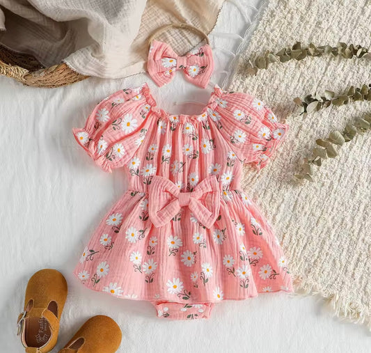Baby Girl Soft Cotton Daisy Pink Dress Bodysuit