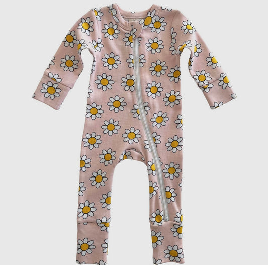 2-Way Zip Daisy Taffy Romper with fold over Cuffs and Feet