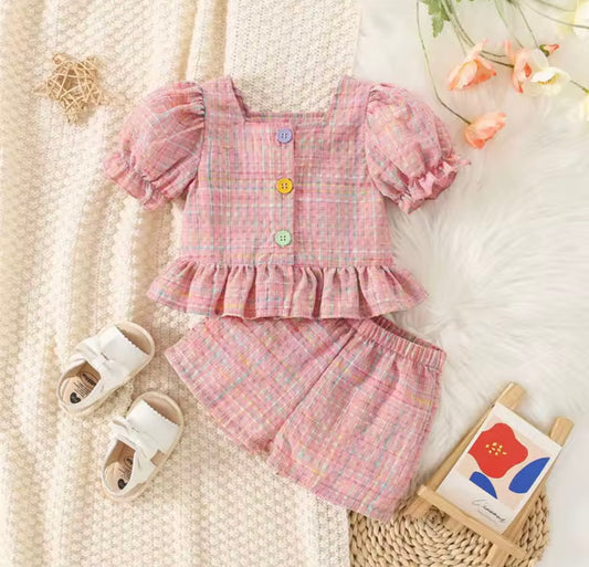 Girl Pink Plaid Bubble Sleeve Top & Short Set