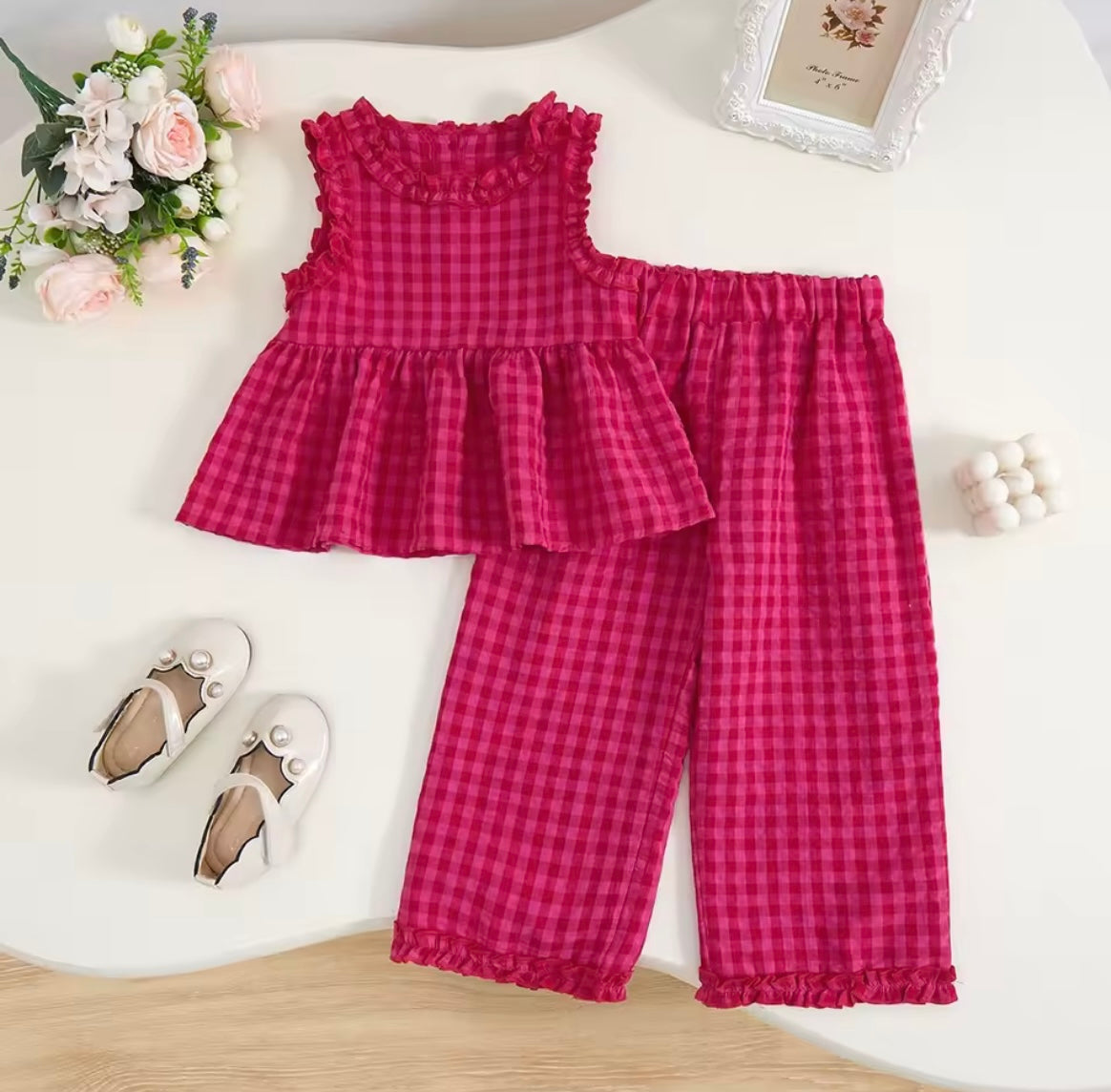 Girl Plaid Round Neck Ruffle Top & Wide Leg Pant Set