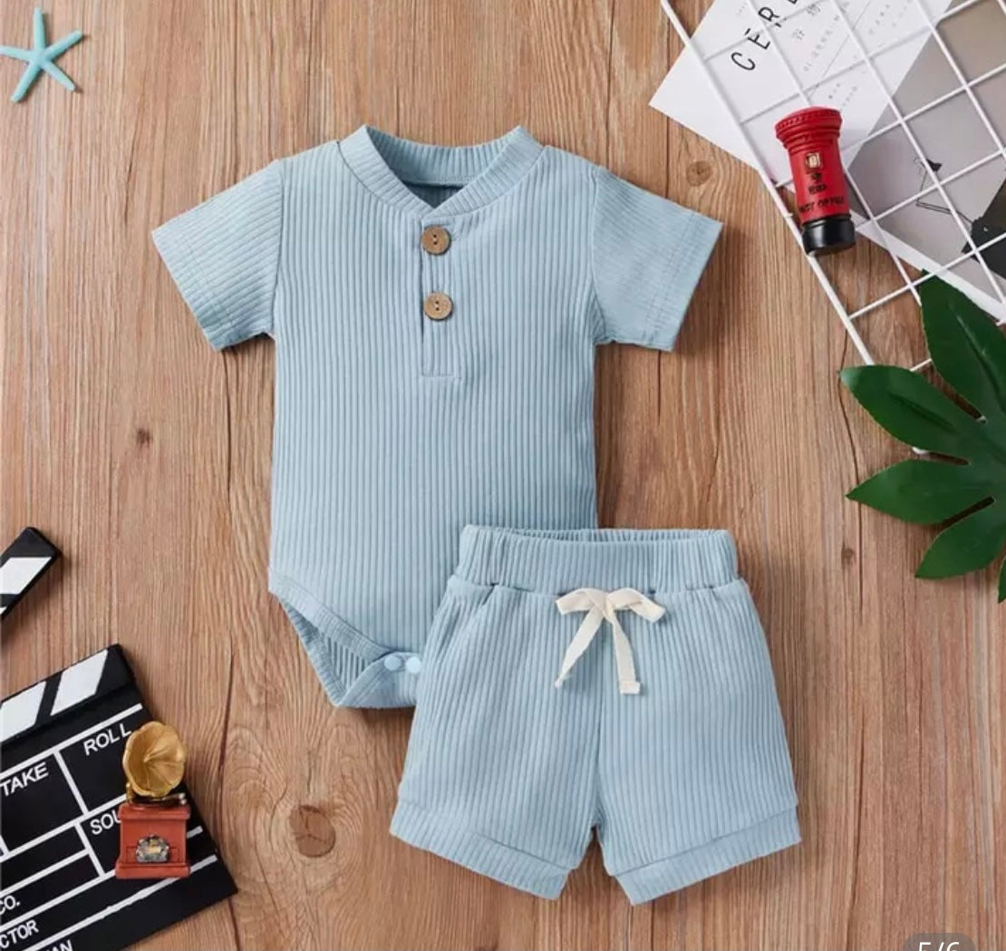 Baby Blue Ribbed Bodysuit & Short Set