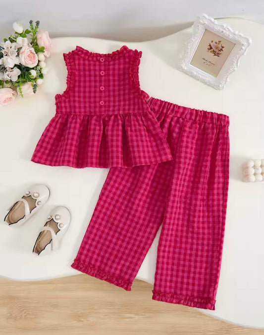 Girl Plaid Round Neck Ruffle Top & Wide Leg Pant Set
