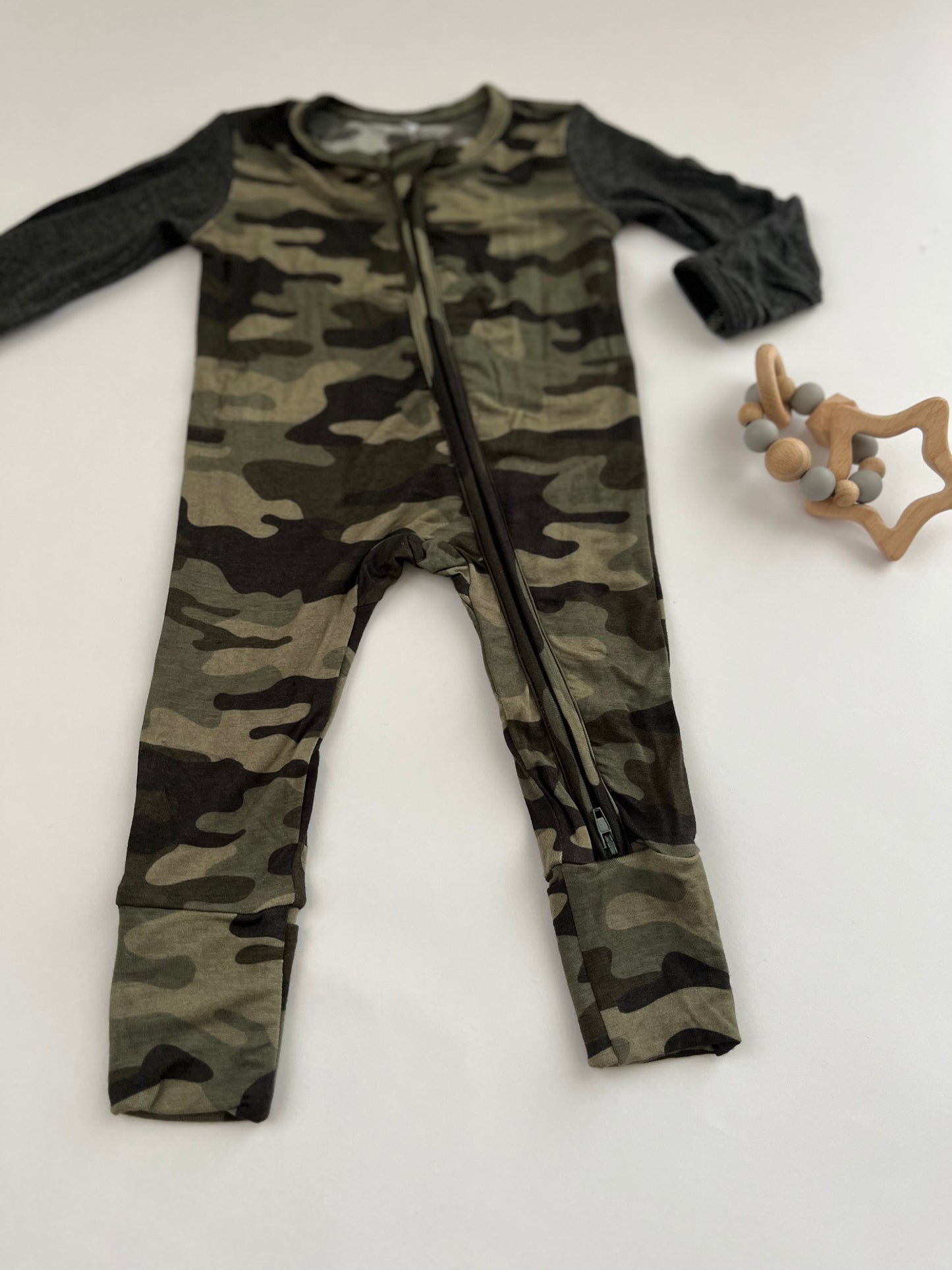 Baby Boy Camo 2-Way Zip Footie with Fold Over Cuffs on Hands & Feet