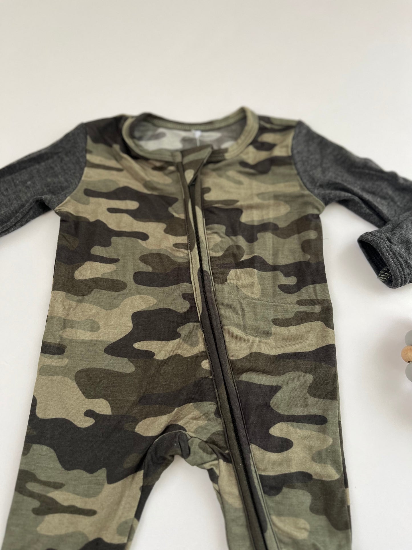 Baby Boy Camo 2-Way Zip Footie with Fold Over Cuffs on Hands & Feet