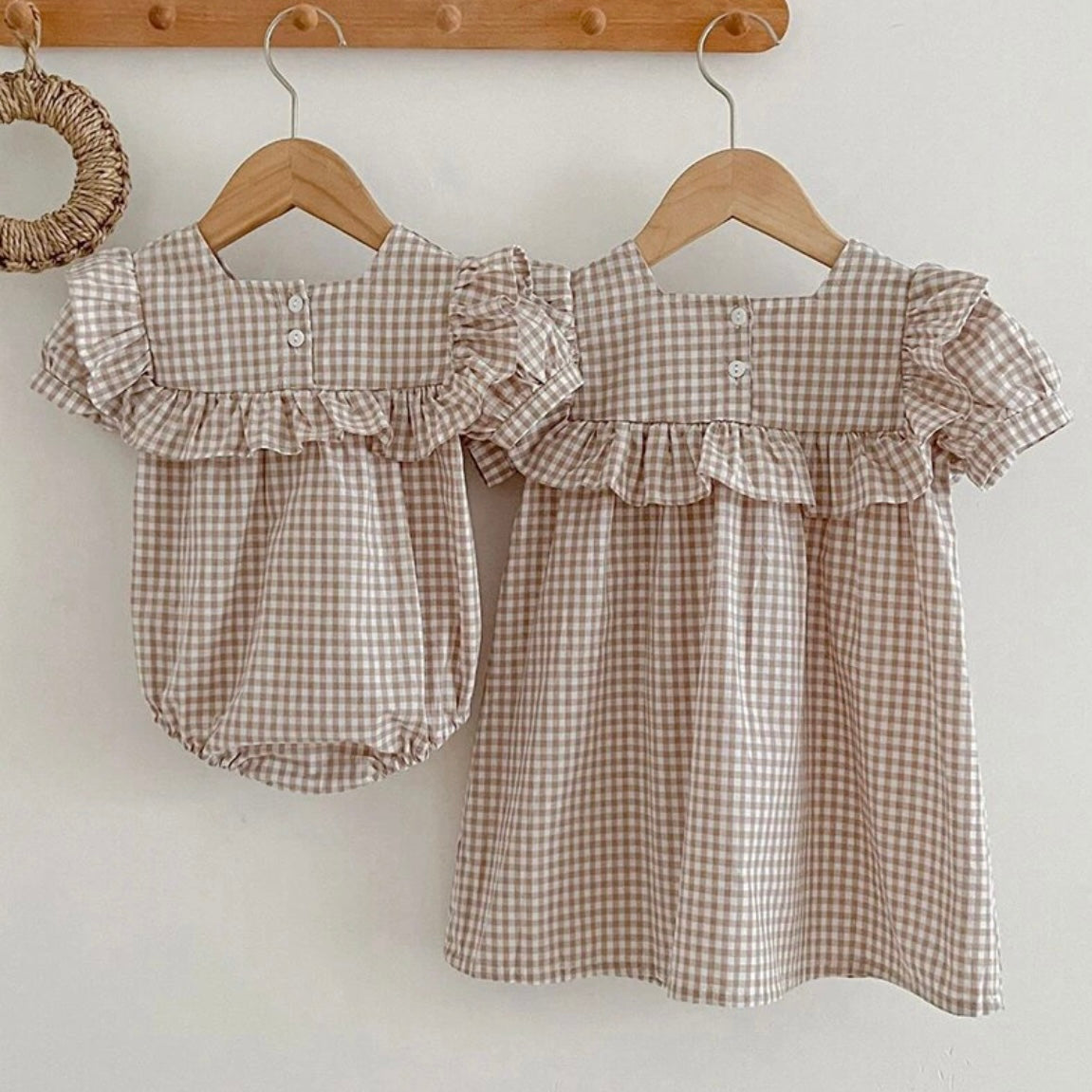 Baby Girl Plaid Ruffle Romper with matching Sister Dress