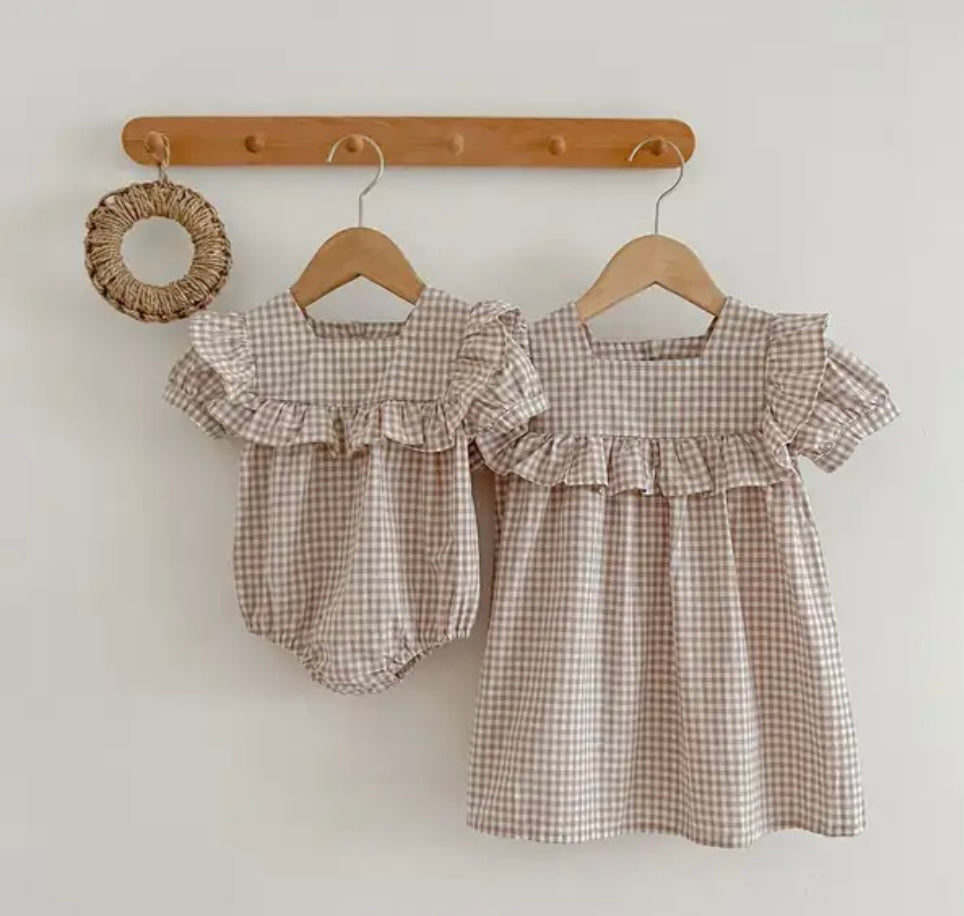 Girl Plaid Ruffle Dress with Matching Sister Romper