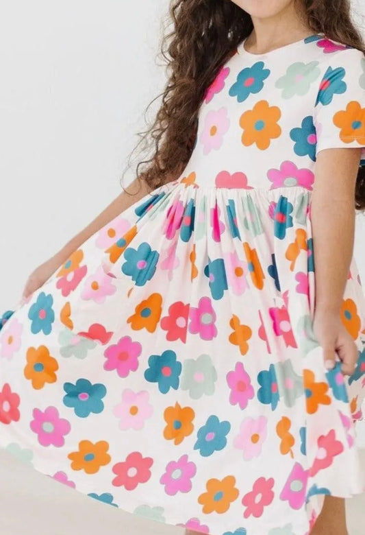 Girl Retro Floral Pocket Twirl Dress