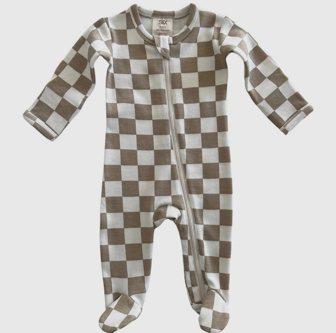 One Piece Tan Checkerboard Footie with Fold Over Hand Cuff