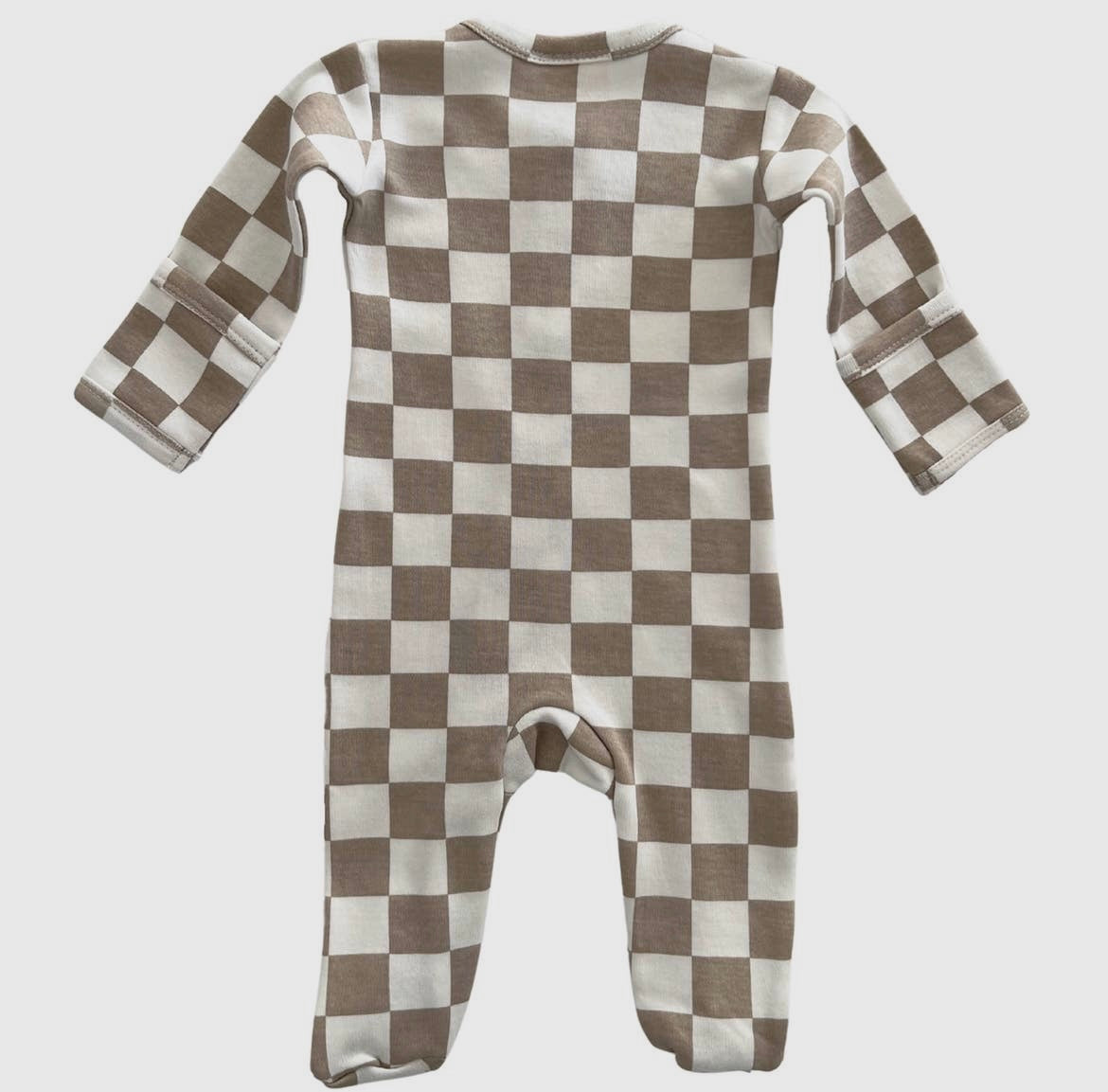 One Piece Tan Checkerboard Footie with Fold Over Hand Cuff