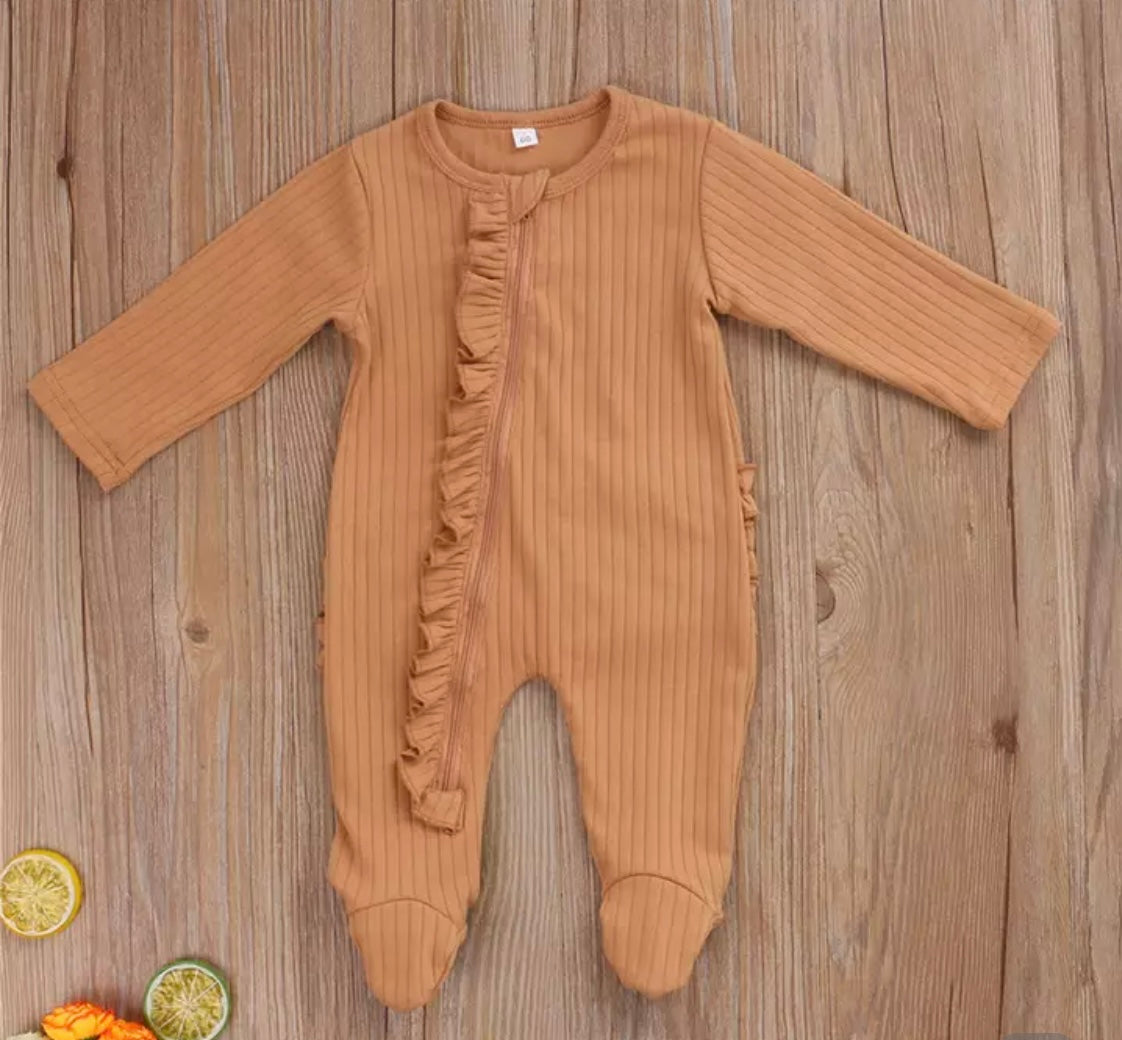 Baby Girl Tan Ribbed Ruffle Sleeper with zipper