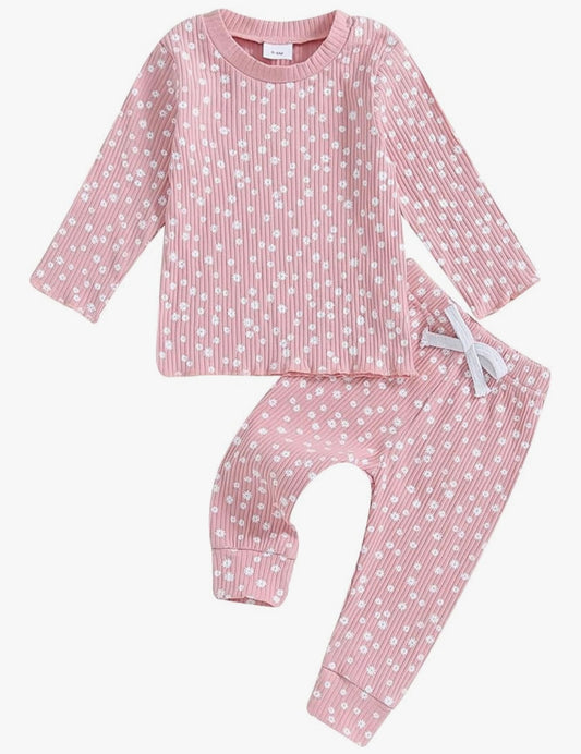 Girl 2 Piece Pink Ribbed Floral Set