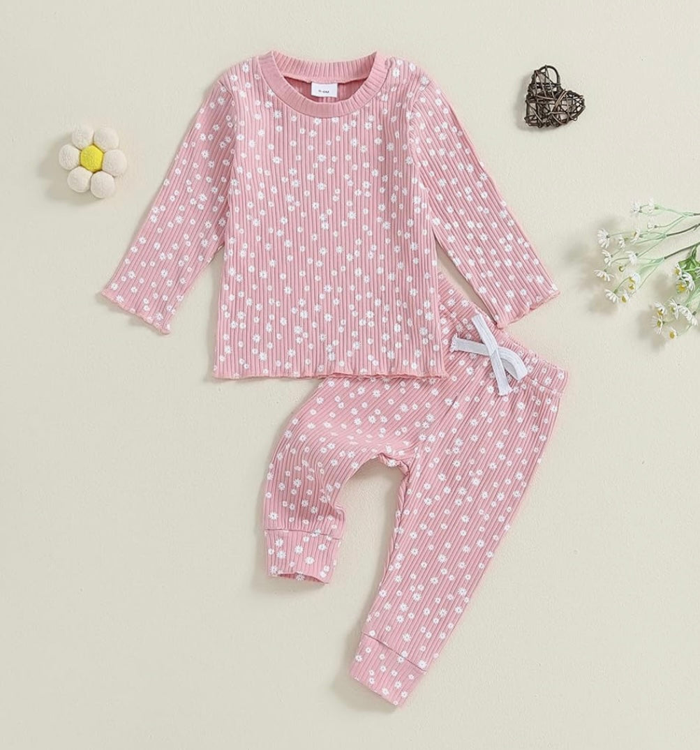 Girl 2 Piece Pink Ribbed Floral Set