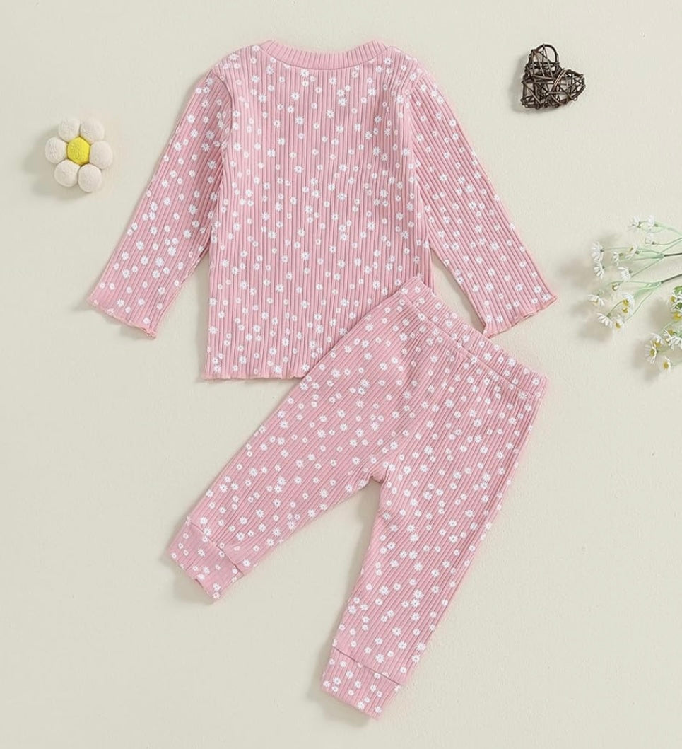 Girl 2 Piece Pink Ribbed Floral Set