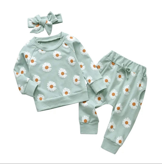 Mint Daisy Sweatshirt & Pant set/matching Headband