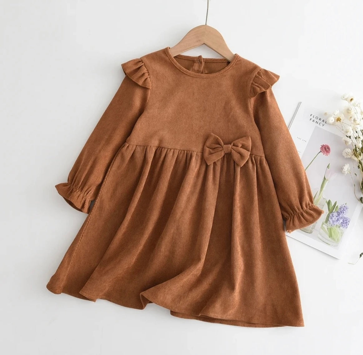 Rust Corduroy Dress with Ruffle Shoulders/accent bow