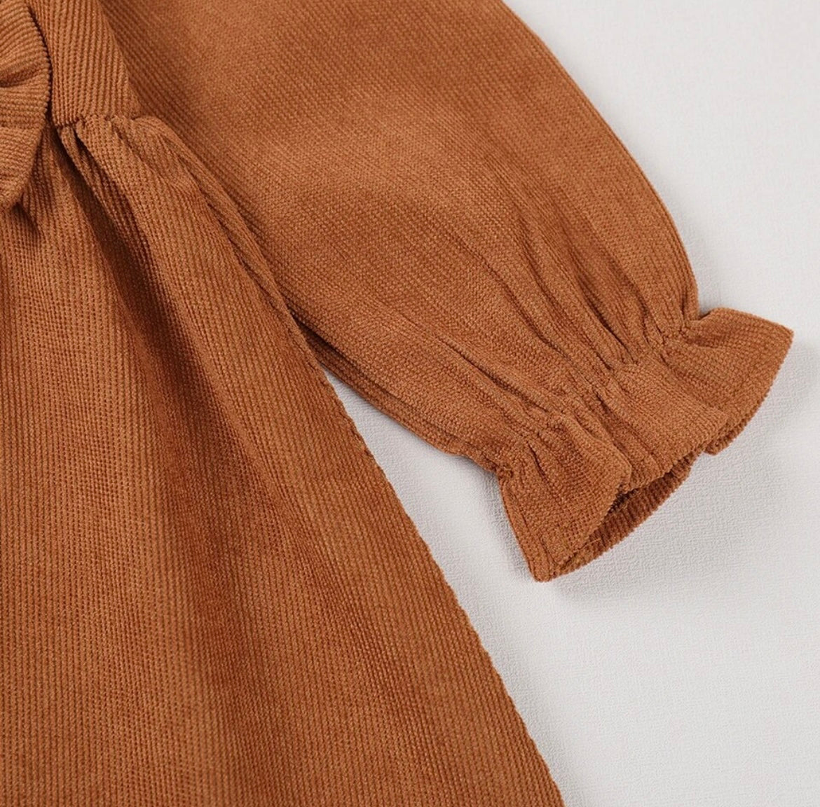 Rust Corduroy Dress with Ruffle Shoulders/accent bow