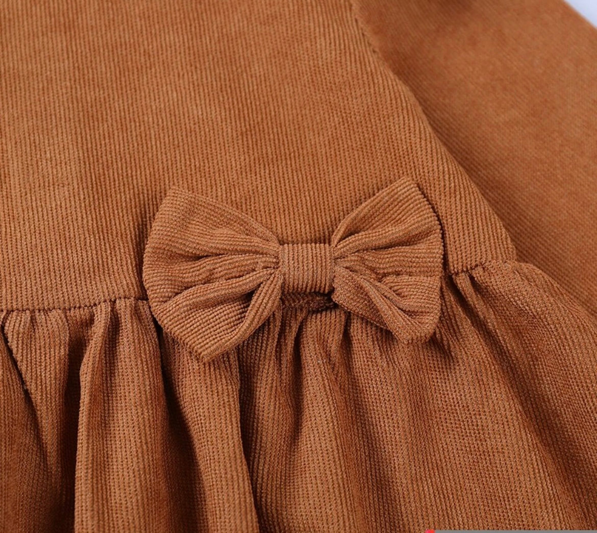 Rust Corduroy Dress with Ruffle Shoulders/accent bow