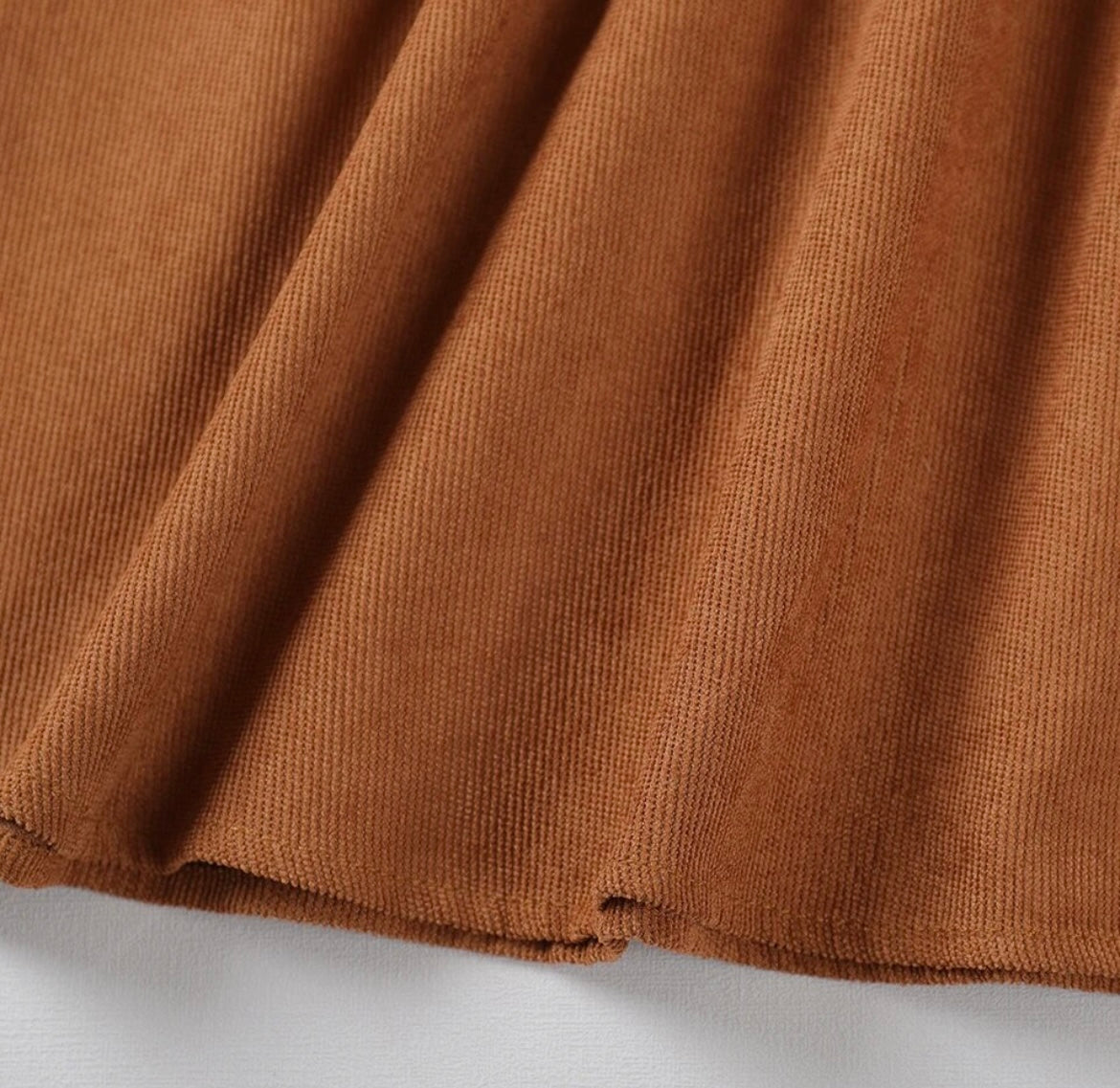 Rust Corduroy Dress with Ruffle Shoulders/accent bow