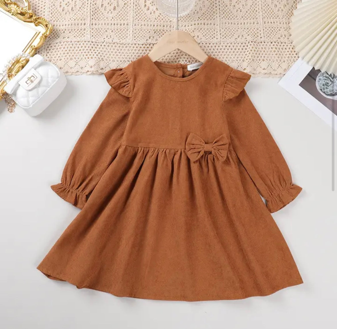 Rust Corduroy Dress with Ruffle Shoulders/accent bow