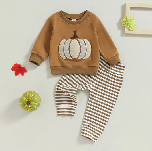 Rust Fall Crew Neck with pumpkin Applique and Stripe Pants