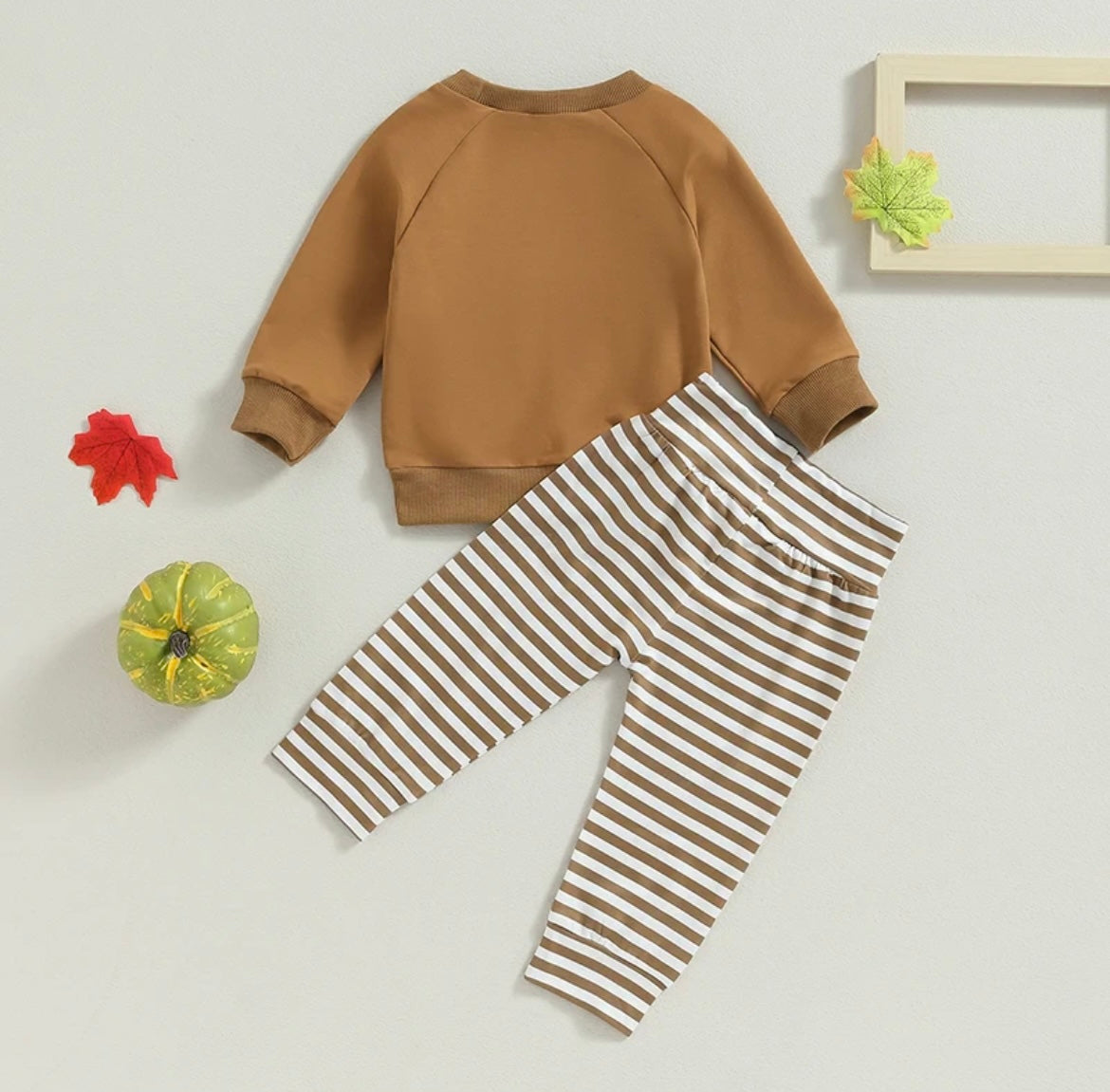 Rust Fall Crew Neck with pumpkin Applique and Stripe Pants