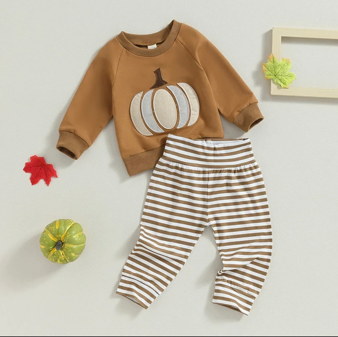 Rust Fall Crew Neck with pumpkin Applique and Stripe Pants