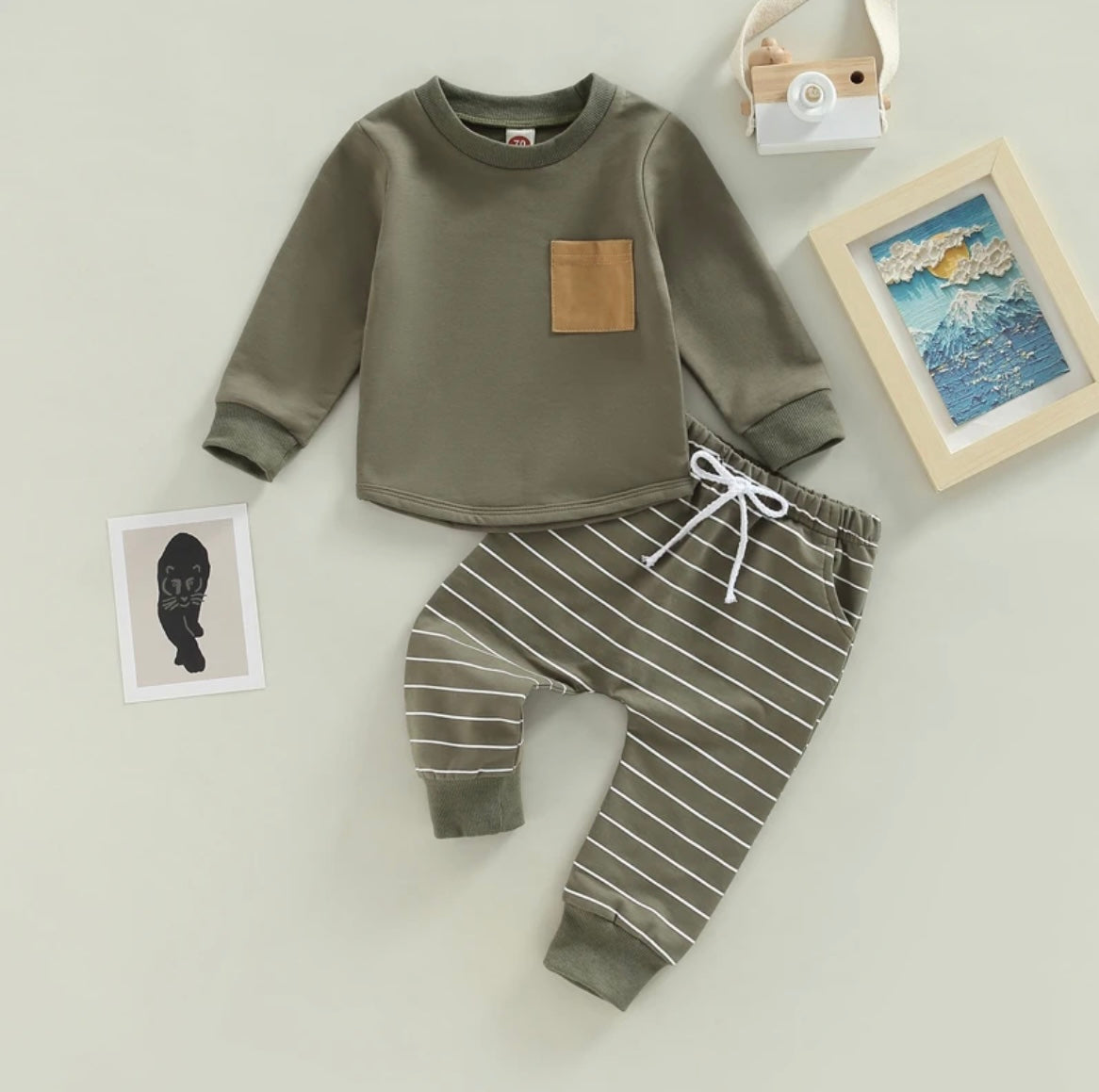 Boy 2 piece Army Green Top & Stripe Pants