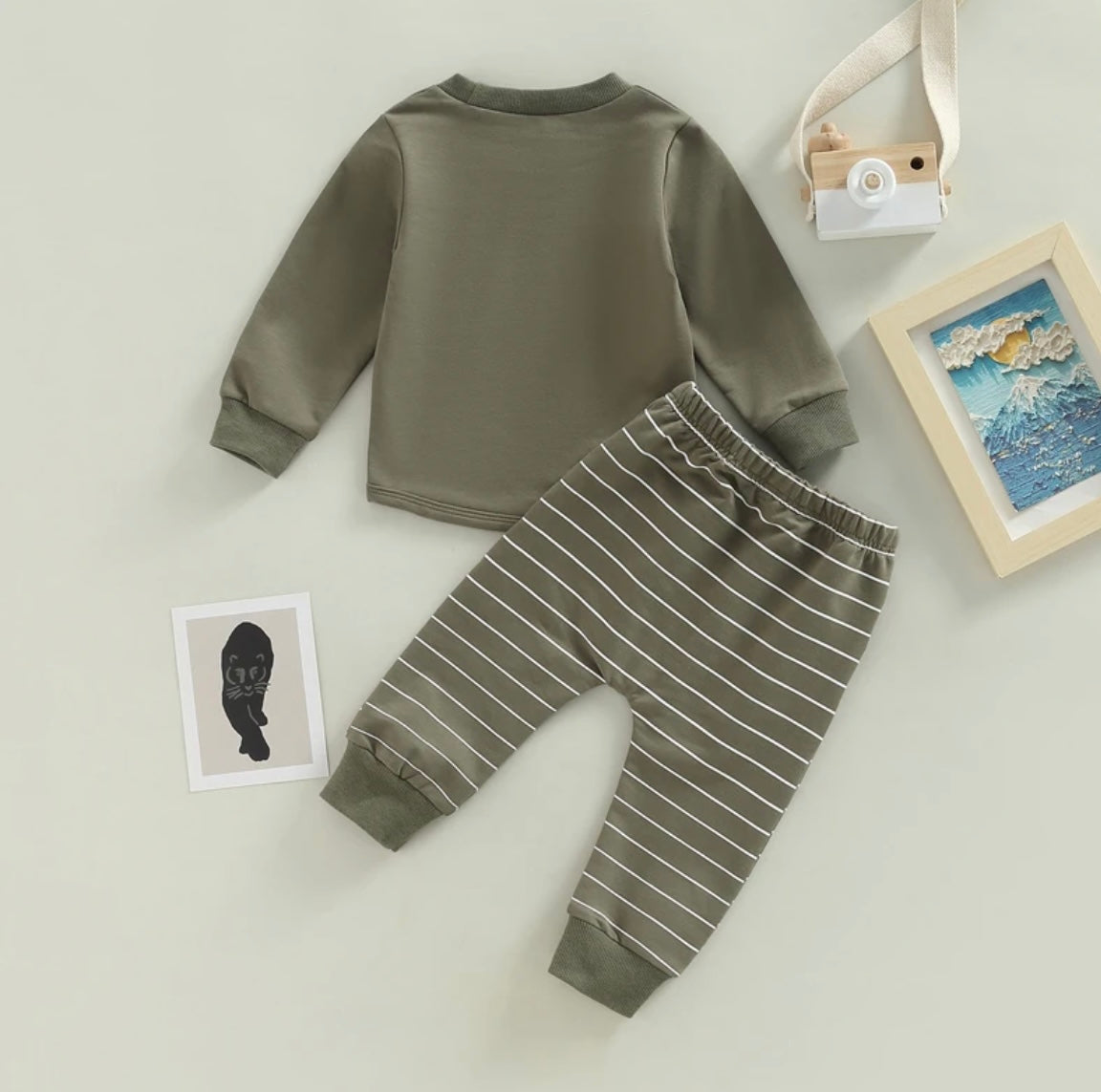 Boy 2 piece Army Green Top & Stripe Pants