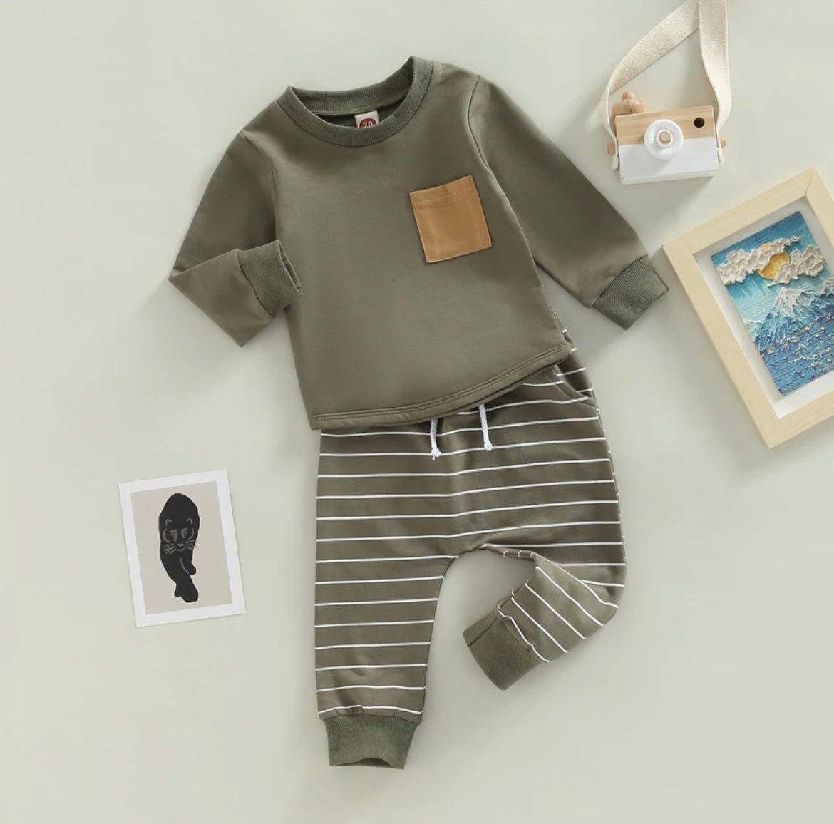 Boy 2 piece Army Green Top & Stripe Pants