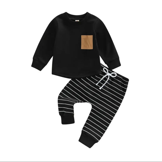 Boy 2 piece Black Top with Stripe Pants