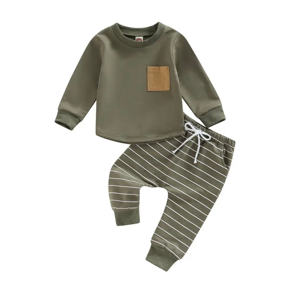 Boy 2 piece Army Green Top & Stripe Pants