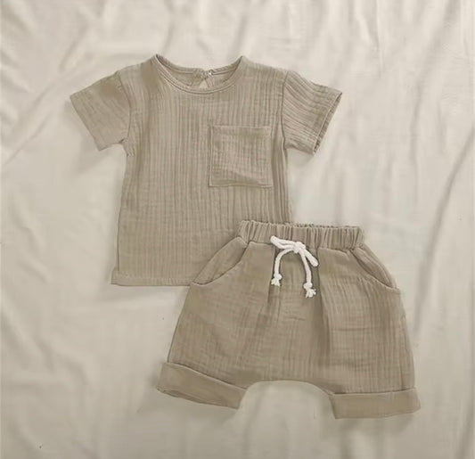 Boy Taupe Gauze 2 Piece Short Set