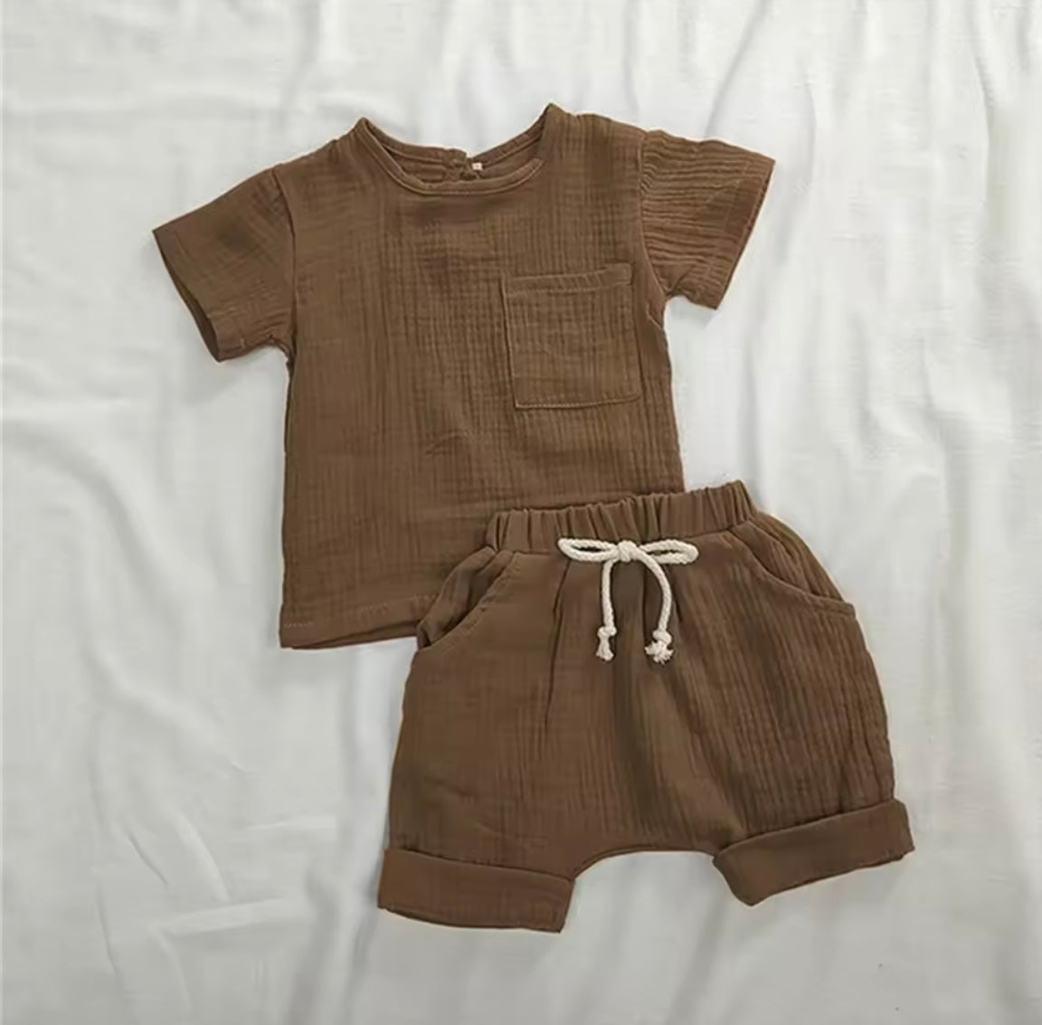 Boy Taupe Gauze 2 Piece Short Set
