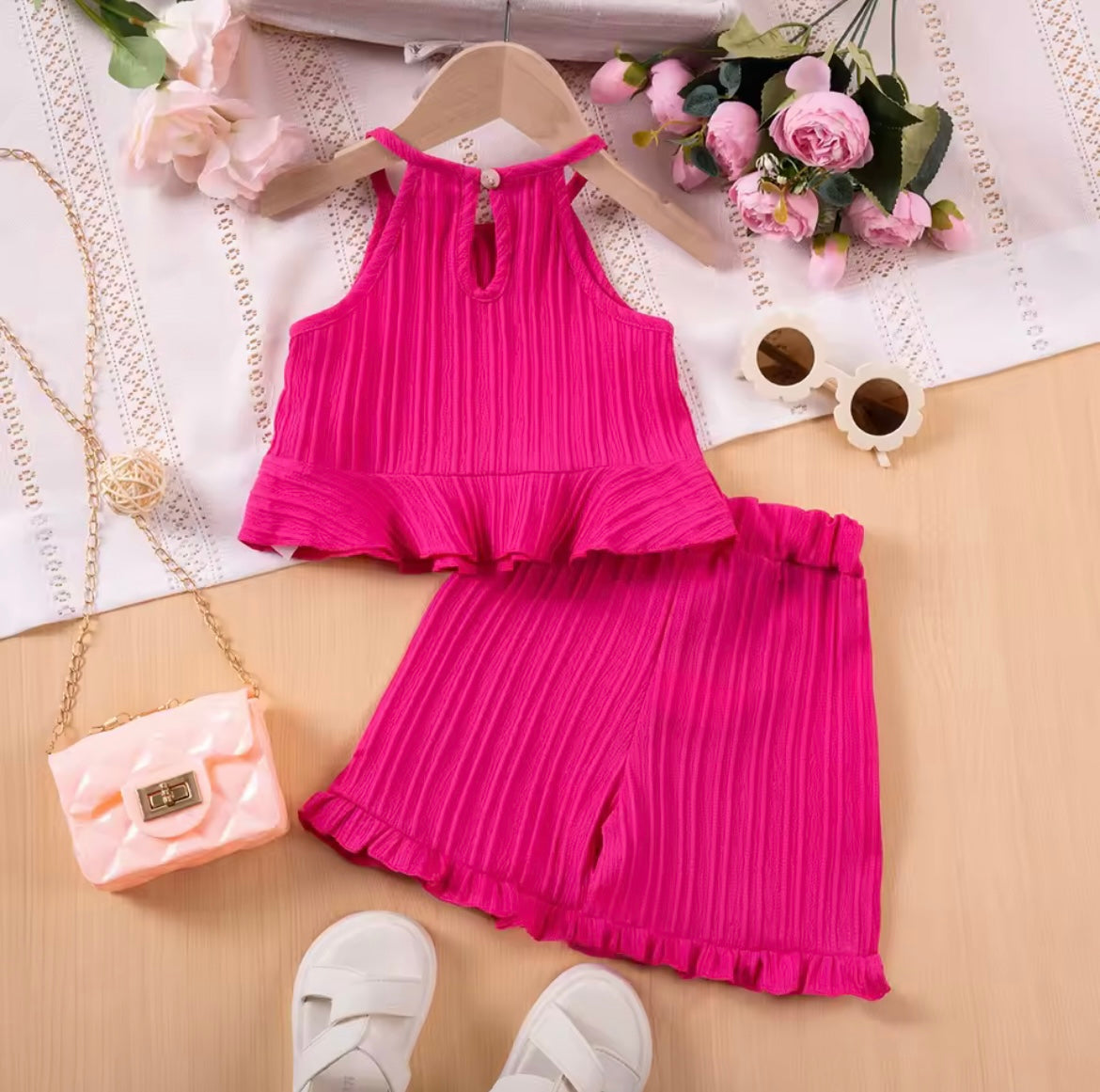 Girl Hot Pink Sleeveless Ruffle Tank Top & Shorts Set