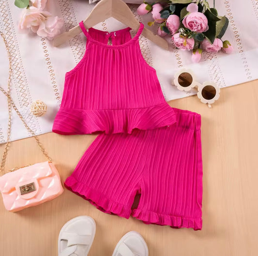 Girl Hot Pink Sleeveless Ruffle Tank Top & Shorts Set