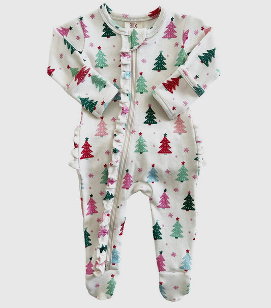 Baby Girl Pink Christmas Trees Footie